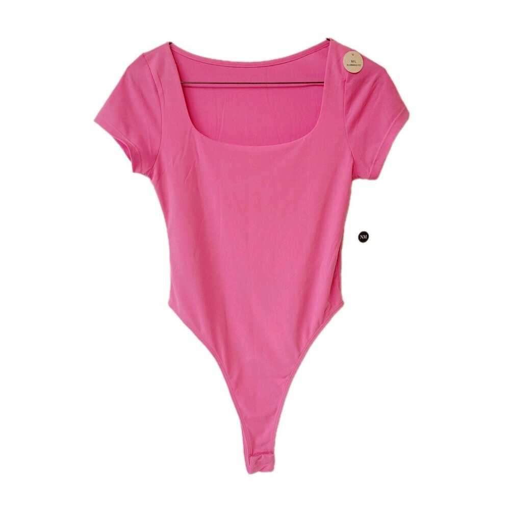 New Mix Classic Women’s Bodysuit M/L Pink Short Sleeve Stretch Scoop Neck NWT